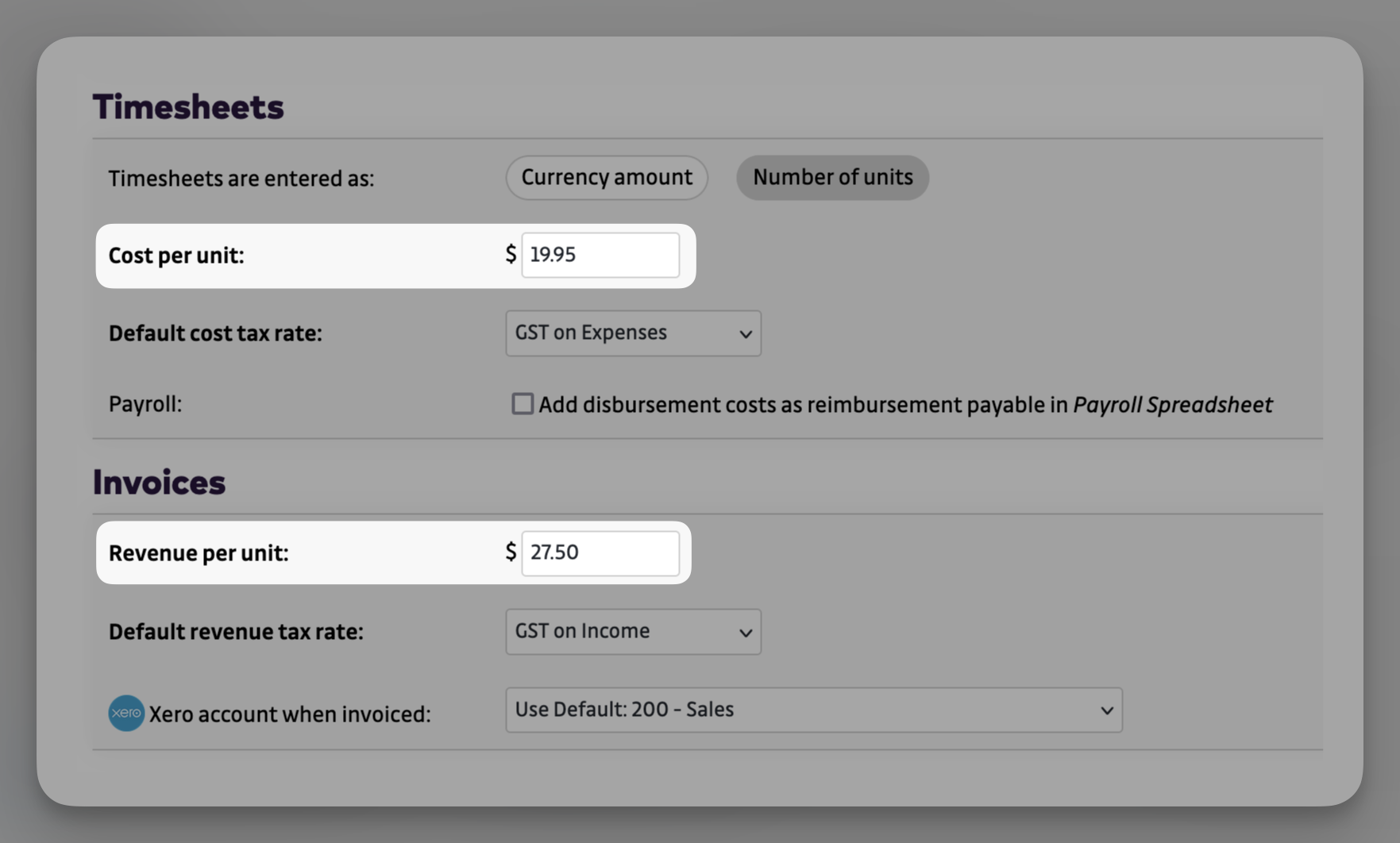 Settings - Disbursement - Cost and revenue rates