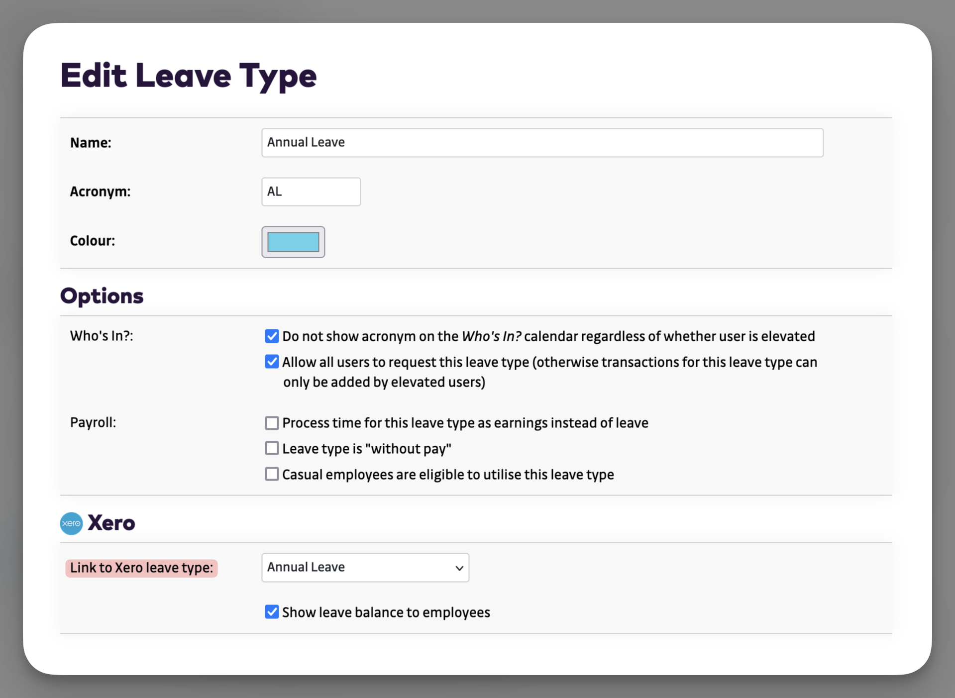 Settings - Leave Types - Connect to Xero