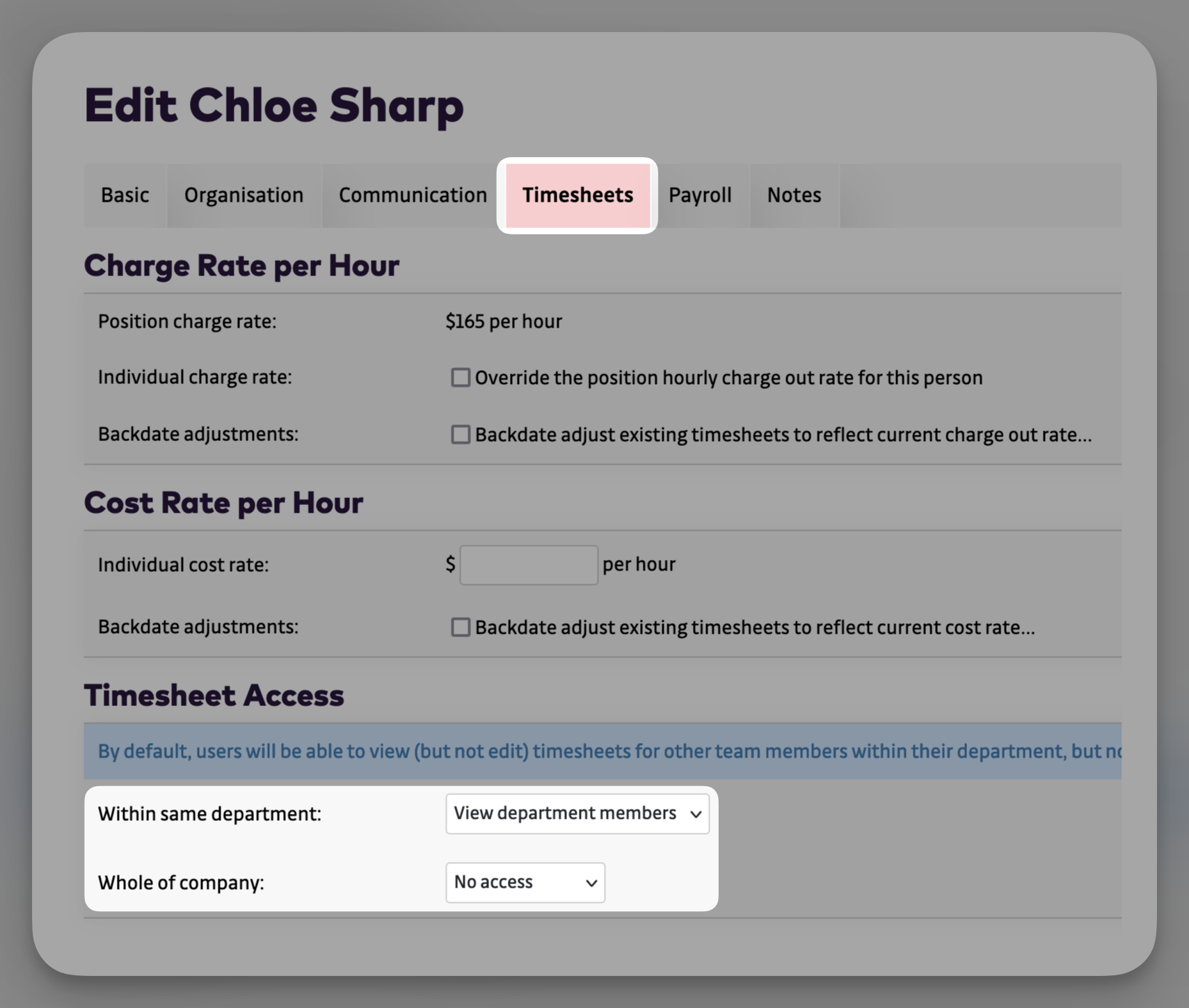 Settings - User Accounts - Timesheet Access