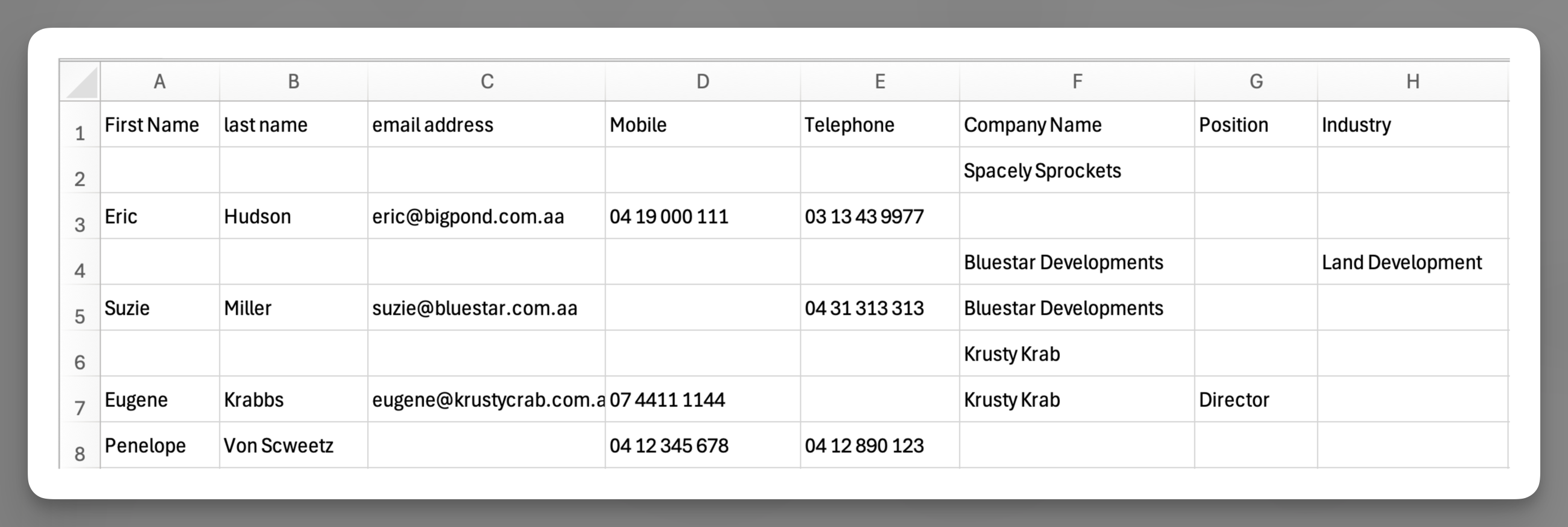Example Spreadsheet - Contacts for Importing