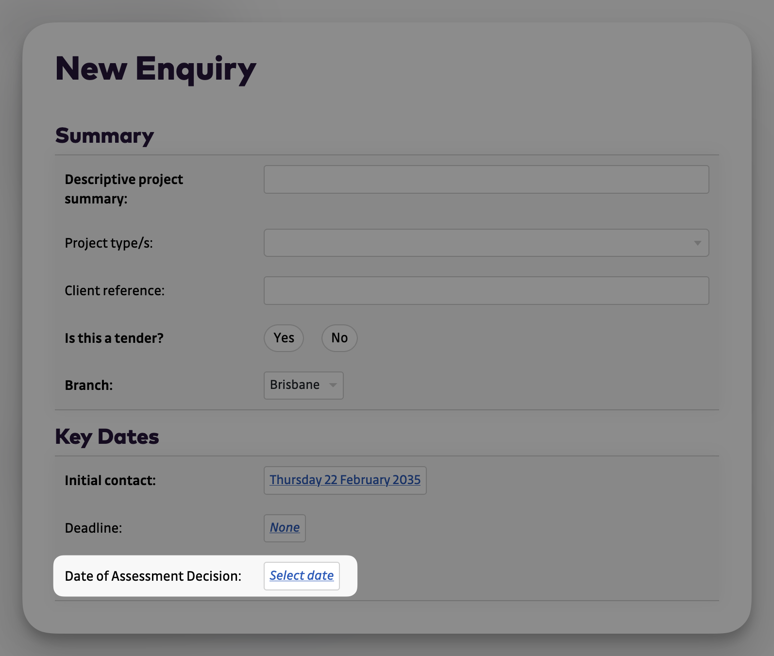 New Enquiry - custom field
