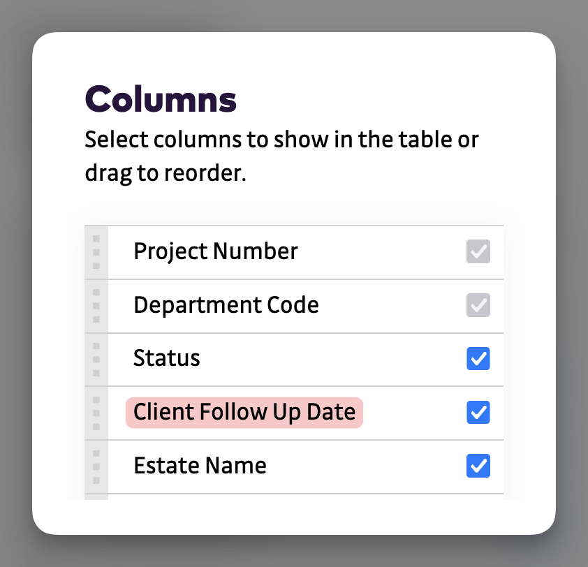 Projects Dashboard - Columns - Custom Project Field
