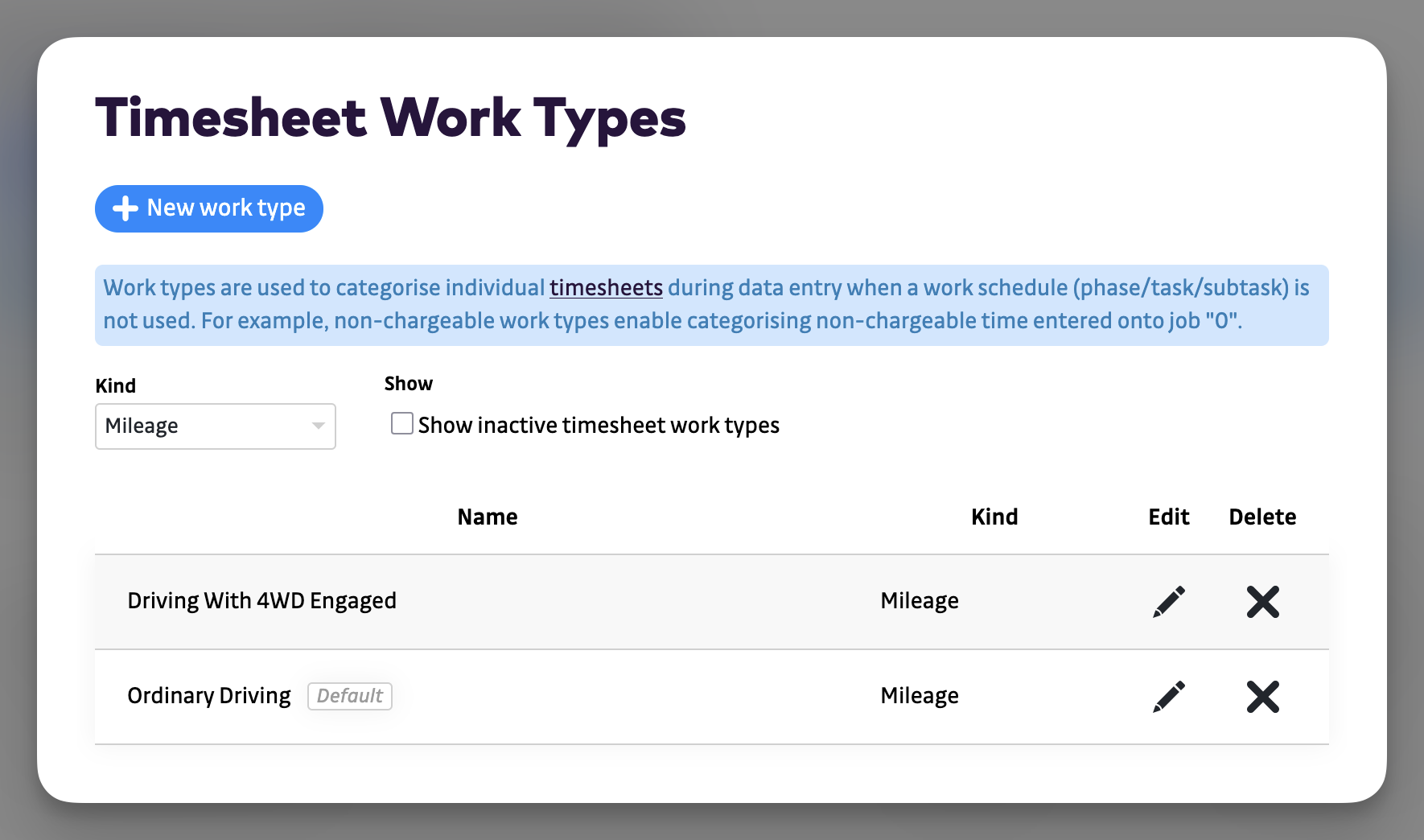 Timesheet Work Types - filtered to show mileage types