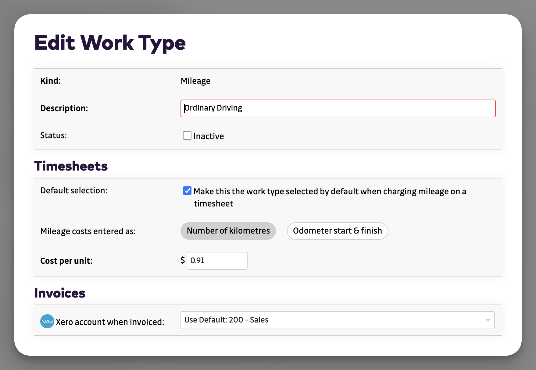 Timesheet Work Type - edit mileage