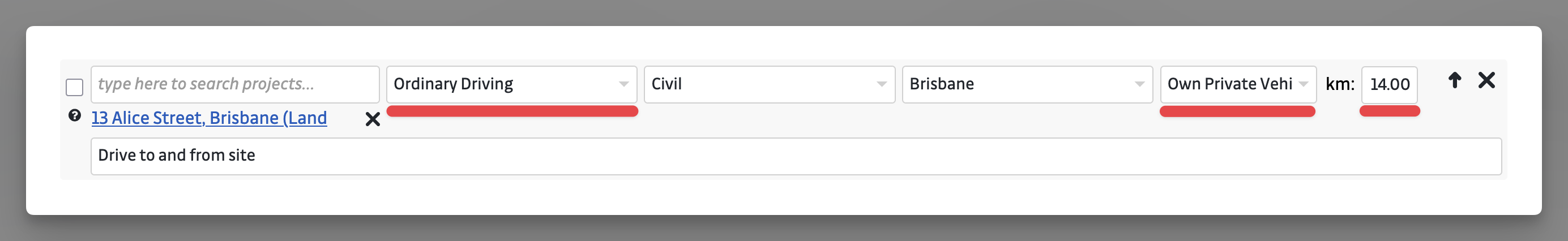 Timesheets - example mileage entry