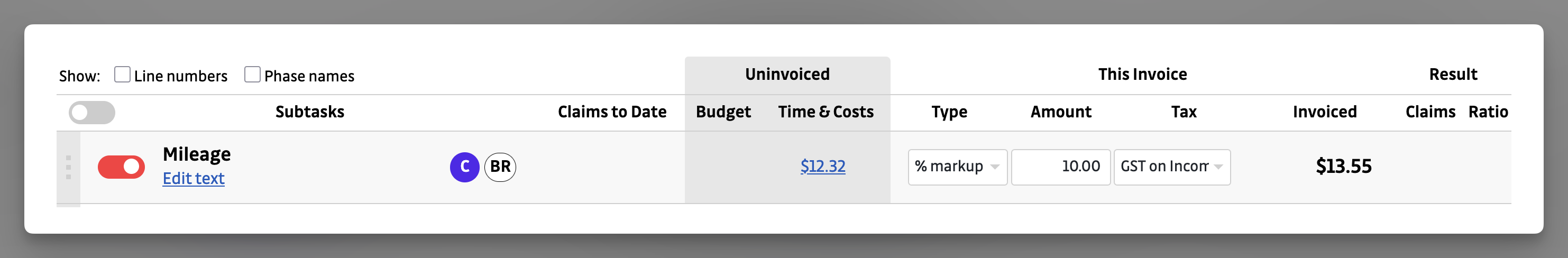 Invoices - mileage line item