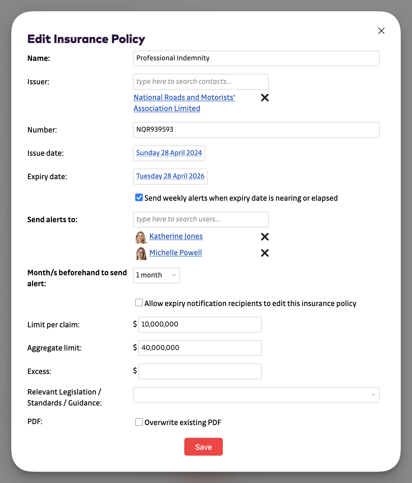 Company Documents - edit insurance policy