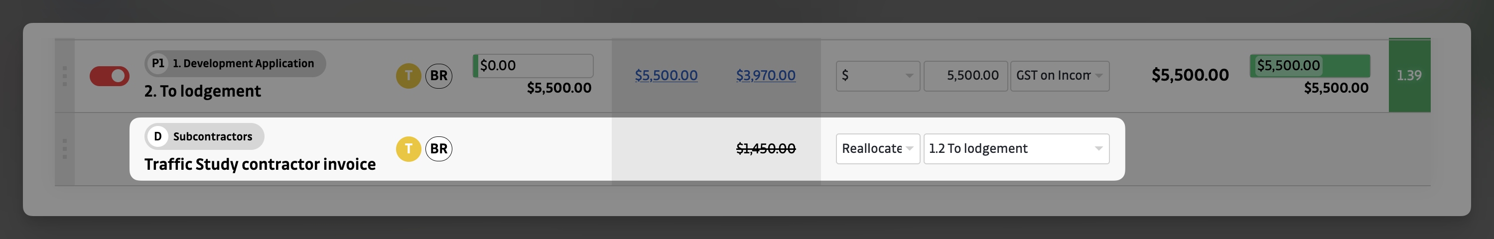 Invoices - reallocated line highlighted