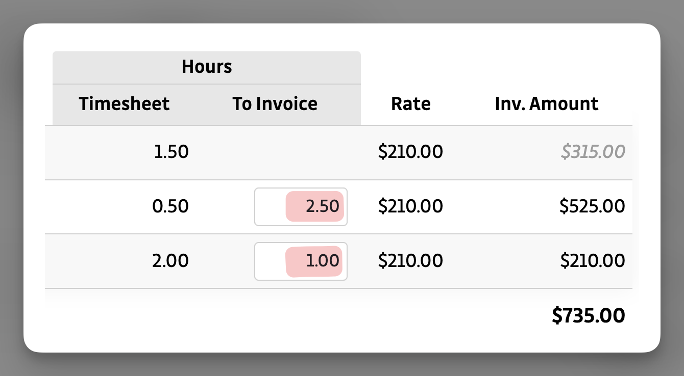 Invoices - Allocate Time & Costs - adjust invoiced hours