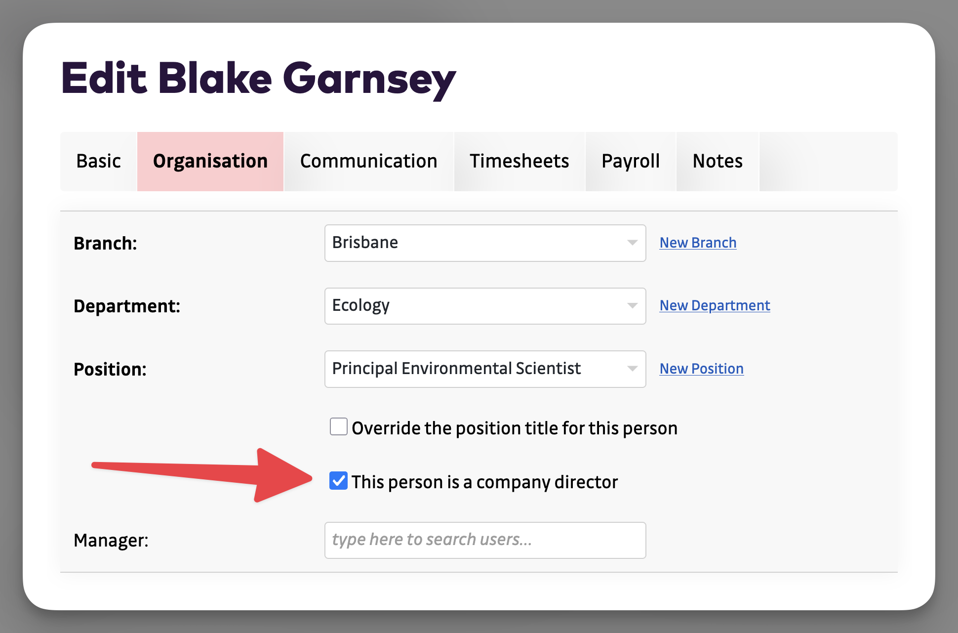 User Accounts - mark someone as a director