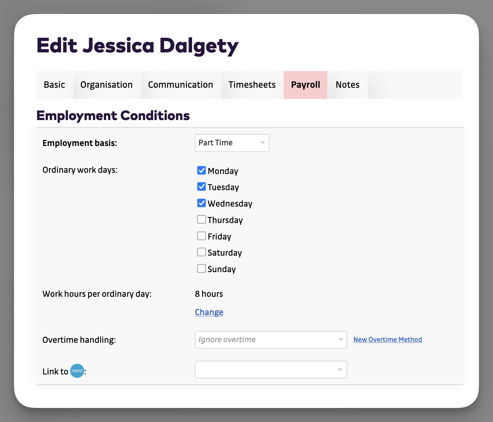 User Accounts - Payroll tab for part-time person