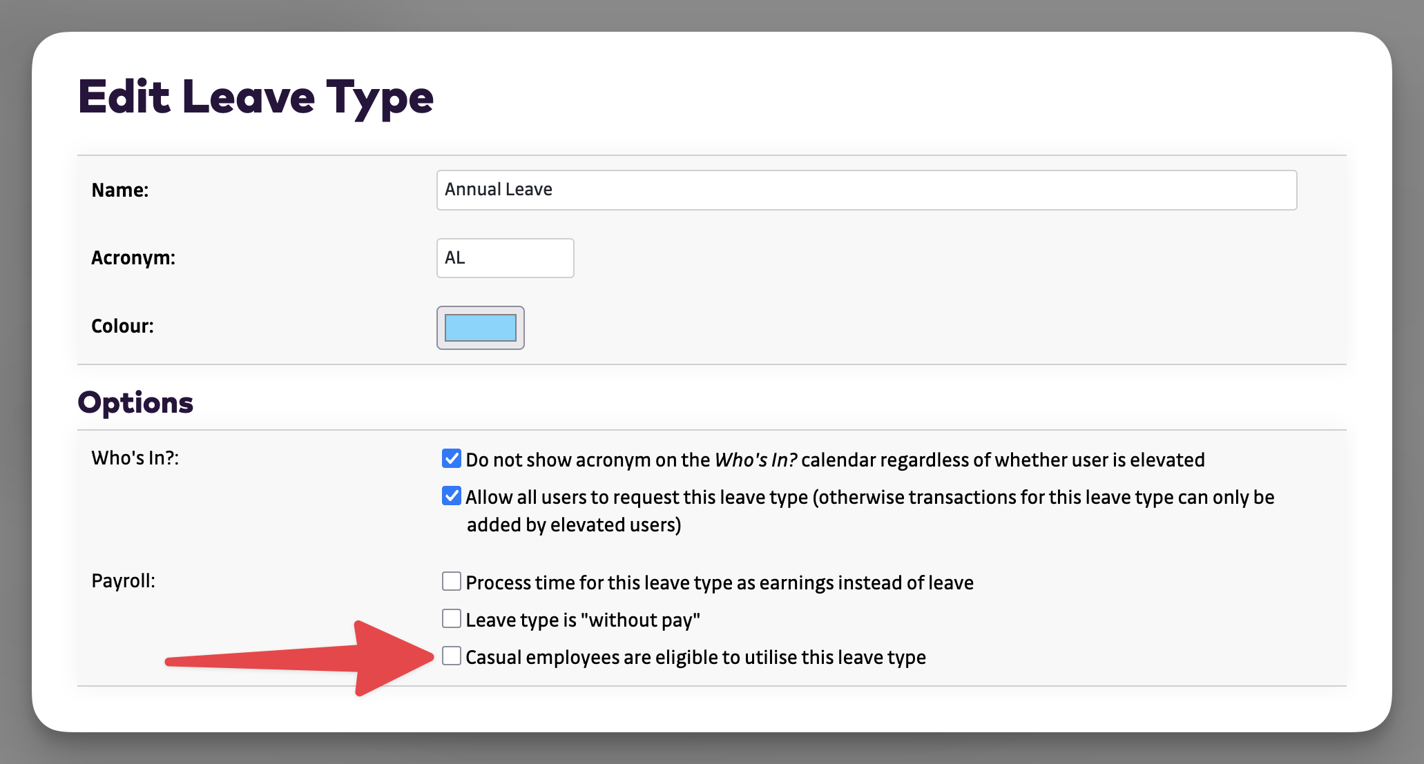 Leave Type Settings - Casual employees toggle