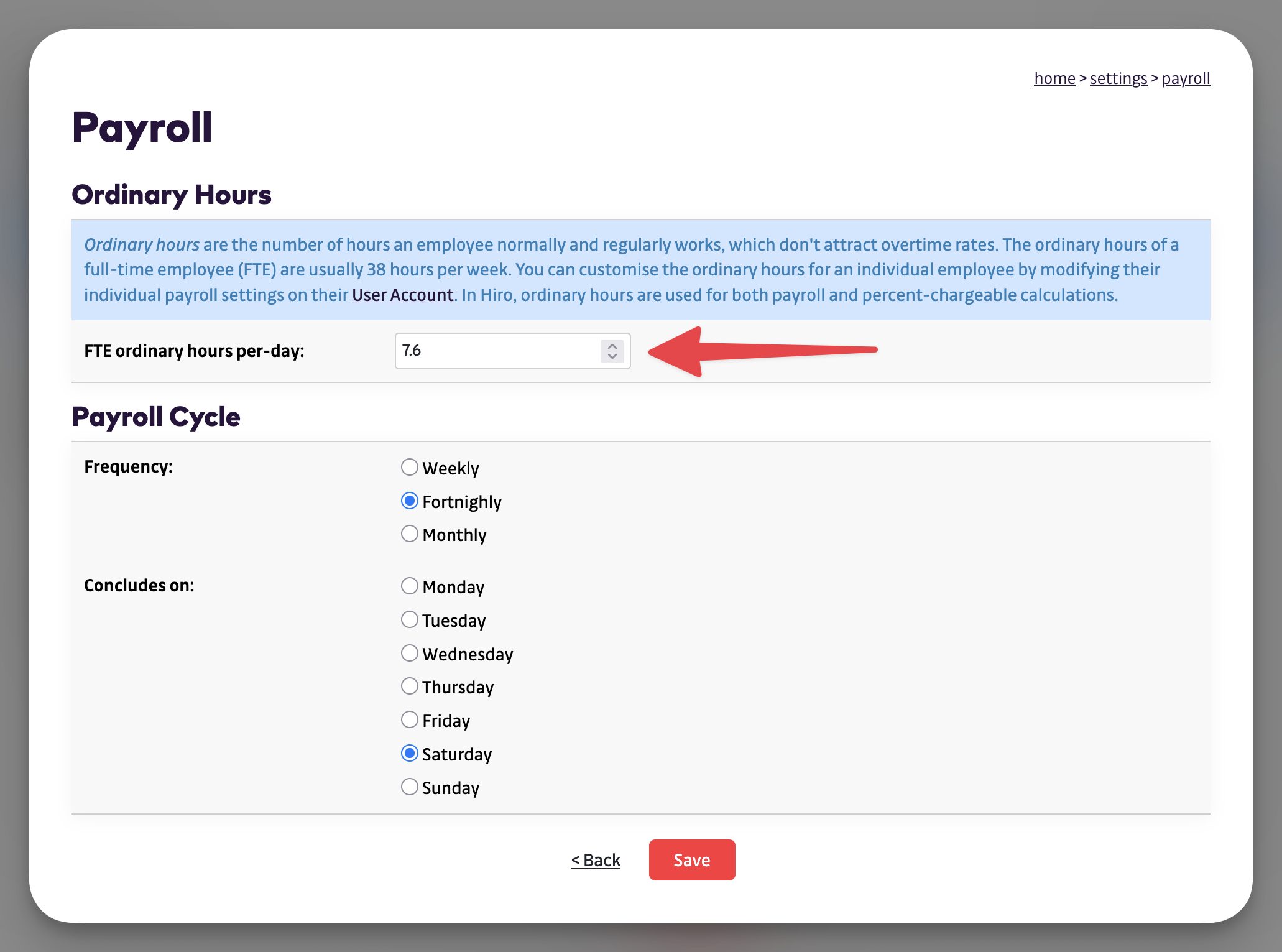 Payroll Settings - FTE ordinary hours per-day