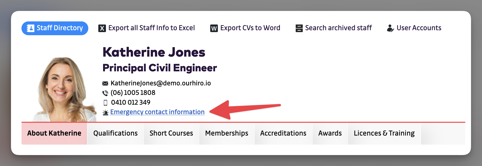 Staff page - view emergency contact information